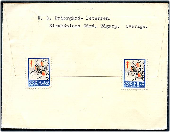 5 öre Sjökarta i 4-stribe på brev fra Tågarp 1944 til Maribo, Danmark. Passér stemplet Ak ved censuren i København.