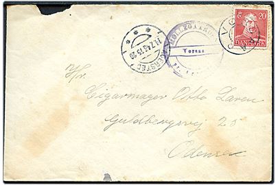 20 øre Chr. X på brev fra FDF Aalborg lejr på Møllegaarden annulleret med udslebet stjernestempel VORSAA og sidestemplet Agersted d. 14.7.1943 og privat sidestempel Møllegaarden / Vorsaa / pr. Agersted til Odense.