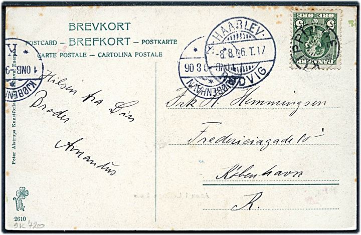 5 øre Chr. IX på brevkort annulleret med stjernestempel KLIPPINGE og sidestemplet bureau Haarlev - Rødvig T.17 d. 8.8.1906 til København.