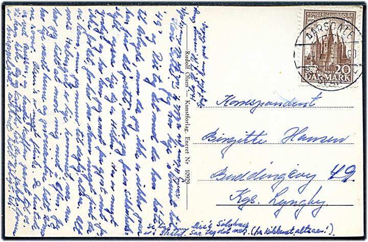 20 øre 1000 års udg. på brevkort (Havnen i Aarsdale med fiskefartøjer) annulleret med pr.-stempel Aarsdale pr. Svaneke d. 24.2.195? til Lyngby.