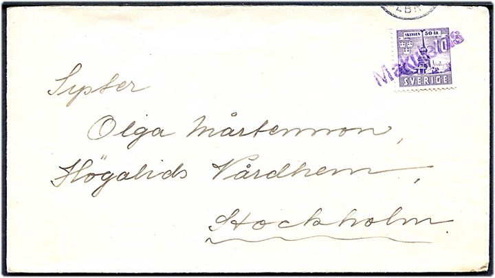 10 öre Skansen 50 år på brev med yderligt placeret dagstempel og annulleret med liniestempel Makuleras til Stockholm.