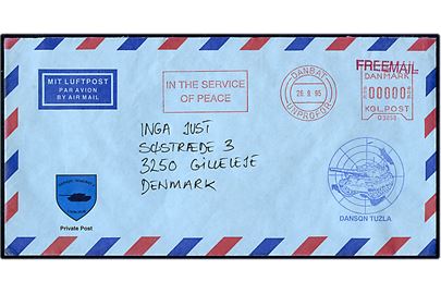 DANBAT / UNPROFOR In the service of peace frankostempel på fortrykt free mail luftpostkuvert d. 26.9.1995 med sidestempel DANSQN Tuzla til Gilleleje, Danmark. På bagsiden afs.-stempel DANSQN/NORDBAT 2 NORDCON/UNPROFOR Feltpost 55 / Tuzla. 