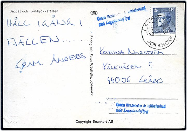 2,10 kr. på brevkort annulleret med særstempel Polcirklen Jokkmokk d. 23.7.1986 og sidestemplet Denna försändelse är luftbefordrad med Lapplandsflyg til Gråbo.