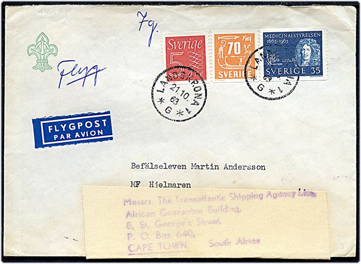 5 öre, 35 öre og 70 öre på blandingsfrankeret luftpostbrev fra Landskrona d. 21.10.1963 til sømand ombord på M/F Hjelmaren via rederiadresse og eftersendt til skibet i Cape Town, Sydafrika.