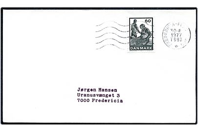 60 øre Glasproduktion på brev annulleret med bureau maskinstempel Fredericia - Flensburg T.993 d. 30.8.1977 til Fredericia.