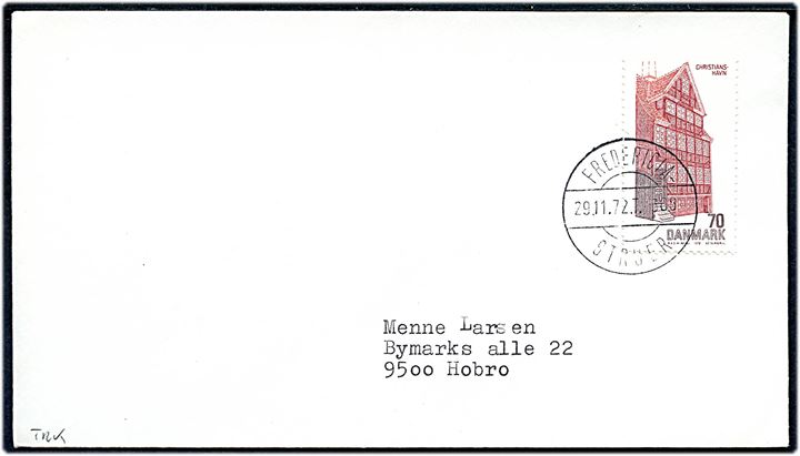 70 øre Dansk bygningskunst på brev annulleret med bureaustempel Fredericia - Struer T.368 d. 29.11.1972 til Hobro.