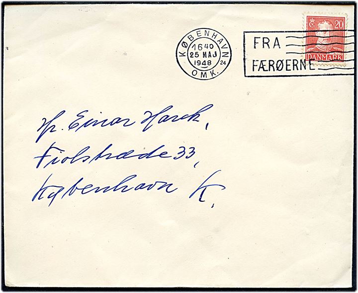 20 øre Chr. X på brev fra Hoyvik pr. Thorshavn annulleret med skibsstempel TMS Fra Færøerne/København OMK.24 d. 25.5.1948 til København.