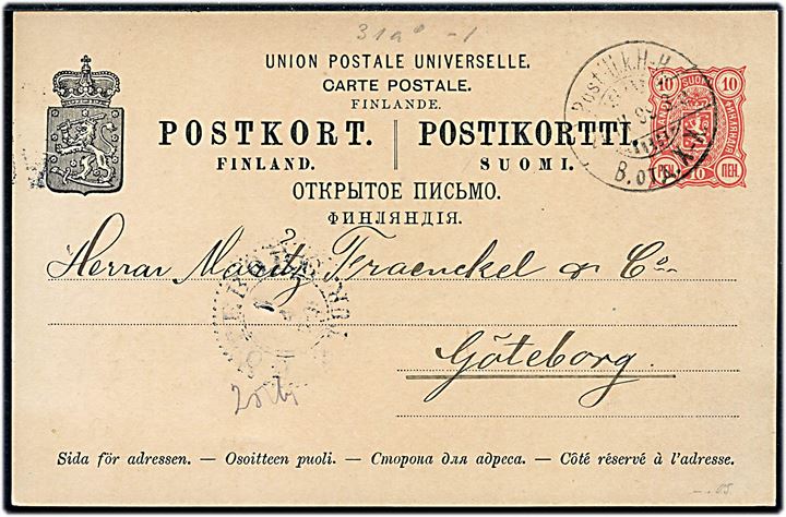 10 pen. helsagsbrevkort fra Hangö annulleret med 2-sproget bureaustempel Postilj. k. H-H (= Hangö-Helsingfors) d. 27.3.1899 til Göteborg, Sverige.