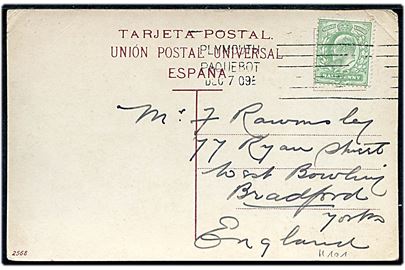 ½d Edward VII på brevkort fra Las Palmas, Kanariske øer annulleret med skibsstempel Plymouth Paquebot d. 7.12.1909 til Bradford, England.
