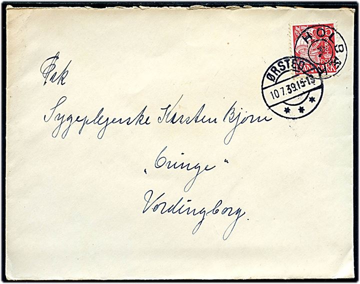 15 øre Karavel på brev annulleret med udslebet stjernestempel HOLBÆK og sidestemplet Ørsted d. 10.7.1939 til Vordingborg.