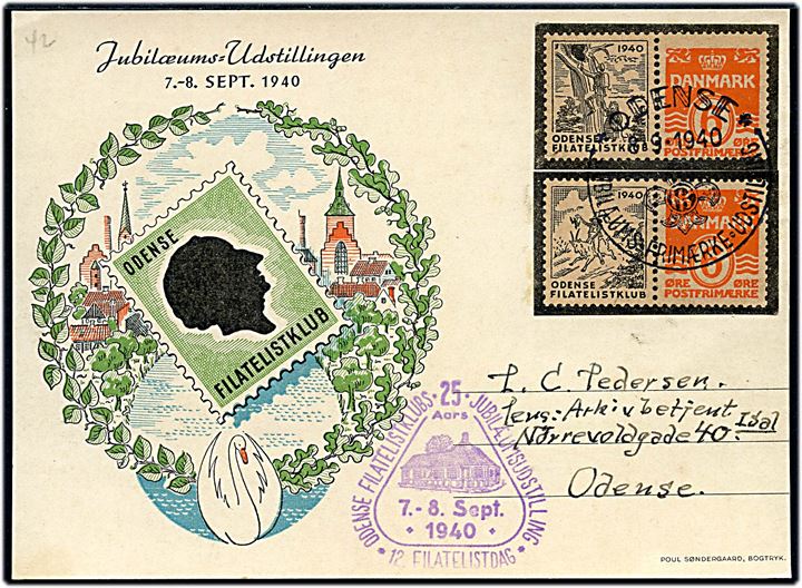6 øre helsagsafklip med privat tiltrykt udstillingsmærker (2) på brevkort annulleret med særstempel Odense Jubilæums-Frimærke-Udstilling d. 8.9.1940 til Odense.