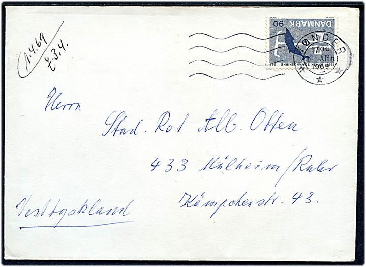 90 øre Dansk Sømandskirke single på brev fra Tønder d. 1.4.1969 til Mülheim, Tyskland.
