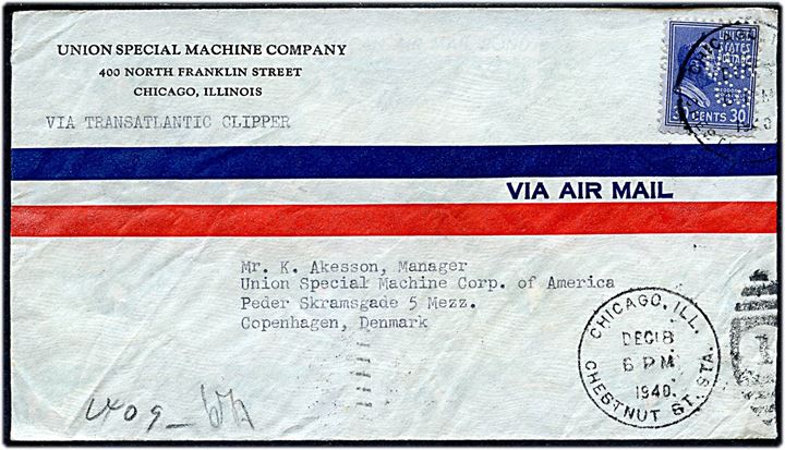 30 cents Roosevelt med perfin USMCo på luftpostbrev fra Union Special Machine Comnpany i Chicago d. 18.12.1940 til København, Danmark. Åbnet af tysk censur i Frankfurt.