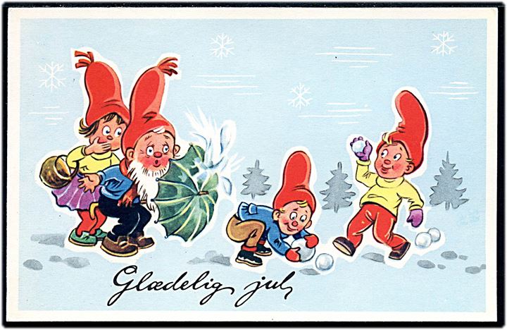 Tegnet julekort med nisser i snebold kamp. No. 519/5.