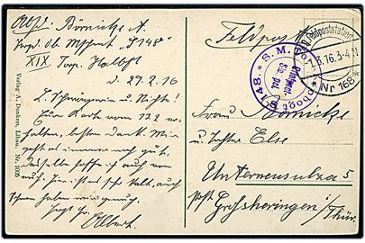 Ufrankeret feltpostkort (Libau - Badestrasse) med feltpoststempel K.D. Feldpoststation Nr. 168 d. 1.3.1916 til Tyskland. Sendt fra sømand ombord på S.M.Torpedoboot S.148 tilknyttet XIX Torpedoboot Halbflotille.