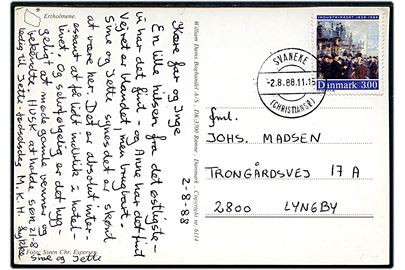 3 kr. Industrirådet på brevkort annulleret med parentes stempel Svaneke (Christiansø) d. 2.8.1988 til Lyngby.