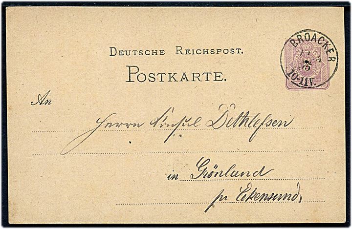 5 pfg. helsagsbrevkort annulleret Broacker d. 12.5.1875 til Grønland Keramik/Teglværksfabrik pr. Ekensund.
