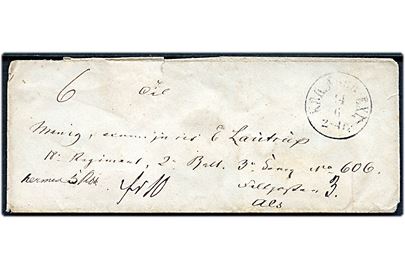 1864. Ufrankeret værdibrev mærket Hermed 5 Rdl. med antiqua KBH.NØRB. EXP. d. 14.6.1864 til menig soldat, Emil Lautrup, i 18. Regisment, 2. Batl., 3. Komp. ved Feltpost no. 3 på Als. På bagsiden bl.a. 2 laksegl fra Nørrebro's Postexpedition. Interessant pengebrev sendt umiddelbart inden Als blev rømmet.