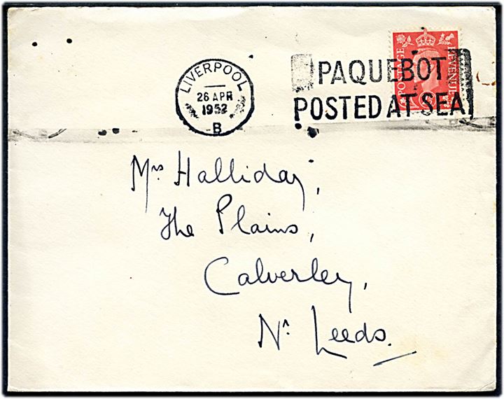 2½d George VI på Canadian Pacific kuvert annulleret med skibsstempel Liverpool / Paquebot posted at sea d. 26.4.1952 til Nr. Leeds, England.
