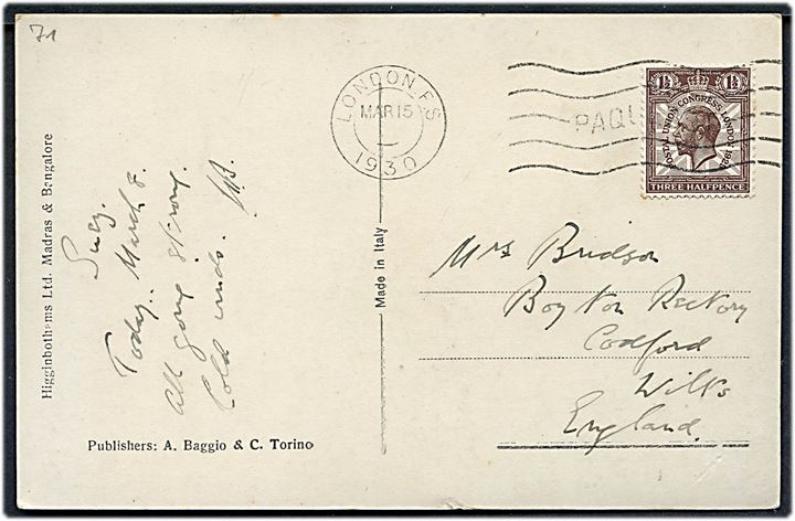 1½d UPU Congress på brevkort (Indisk tempel) annulleret med skibsstempel London F.S. / Paquebot d. 15.3.1930 til England.