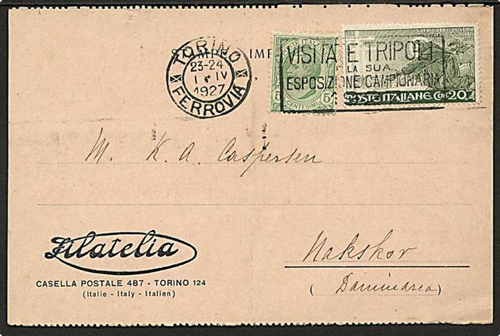 25 c. frankeret tryksags brevkort fra Torino d. 1.4.1927 til Nakskov, Danmark.