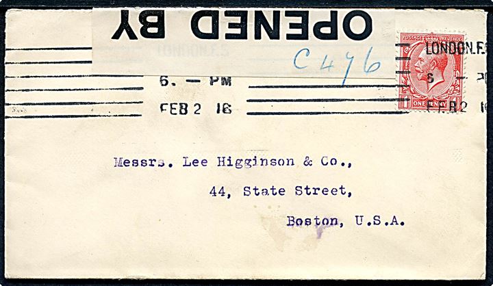 1d George V på brev fra London d. 2.2.1916 til Boston, USA. Åbnet af britisk censur med fortrykt banderole og håndskrevet censor-nr. C476.