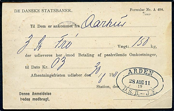1 øre Bølgelinie i 3-stribe på De danske Statsbaners adviskort fra Arden d. 29.8.1911. På bagsiden ovalt jernbanestempel: Arden D.S.B. - J.F. d. 28.8.1911.