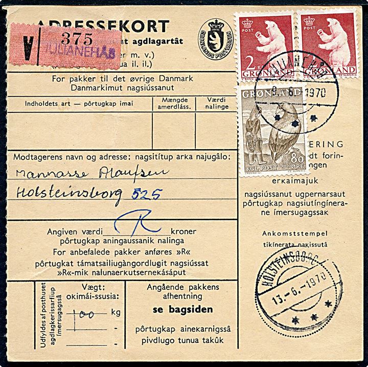 80 øre Pigen og Ørnen og 2 kr. Isbjørn (2) på 4,80 kr. frankeret adressekort for anbefalet pakke fra Julianehåb d. 9.6.1970 til Holsteinsborg.