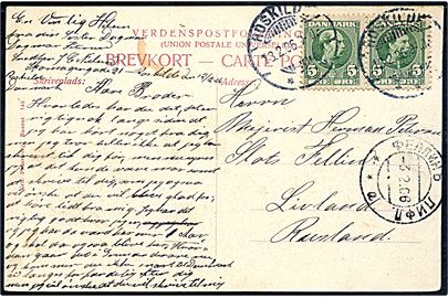 5 øre Chr. IX i parstykke på brevkort fra Roskilde d. 18.2.1906 til Fellin, Livland, Rusland. 