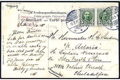 5 øre Fr. VIII i parstykke på brevkort fra Frederikshavn d. 13.6.1908 til hovmester ombord på dampskibet S/S Astoria i Philadelphia, USA.
