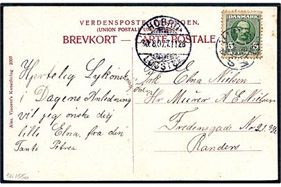5 øre Fr. VIII på brevkort annulleret med svagt stjernestempel VINDBLÆS og sidestemplet bureau Hobro - Løgstør T.1128 d. 30.8.1907 til Randers.