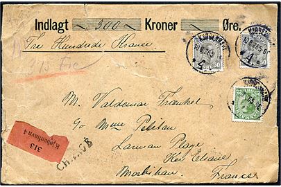 25 øre og 50 øre (2) Chr. X på 1,25 kr. frankeret værdibrev fra Kjøbenhavn d. 10.8.1926 til Frankrig. Kuvert nusset med rift i overkanten.