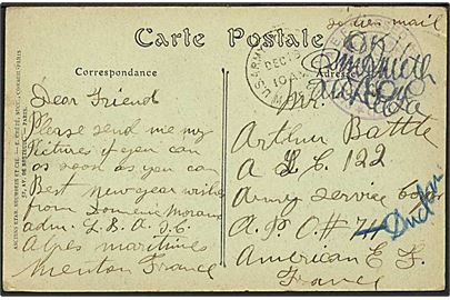Ufrankeret feltpostbrev fra Menton 1917 til Amerikansk soldat i Frankrig Omadresseret med feltpoststempel og censur.