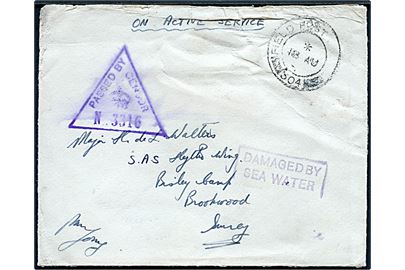 Ufrankeret OAS feltpostbrev stemplet Field Post Office 304 (= Akureyri) d. 18.8.1941 til Brookwood, England. Unit censor stempel No. 3316 og violet rammestempel DAMAGED BY SEA WATER. 
