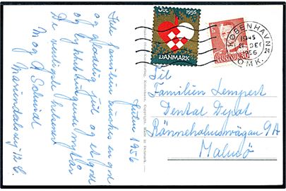 30 øre Fr. IX og Julemærke 1956 på julekort fra København d. 21.12.1956 til Malmö, Sverige.