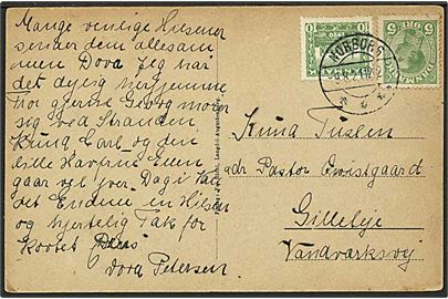 5 øre Chr. X og 10 øre Genforening på brevkort (Partier fra Oksbøl) annulleret med brotype IIb Nørborg sn2 d. 9.8.1921 til Gilleleje.