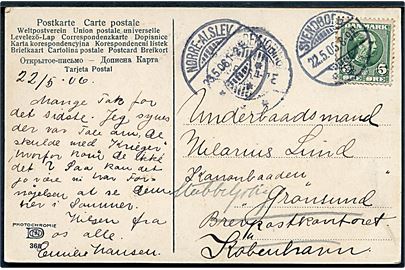 5 øre Chr. IX på brevkort fra Svendborg d. 22.5.1906 til sømand ombord på kanonbåden Grønsund via Brevpostkontoret i København og eftersendt til skibets station i Stubbekøbing.