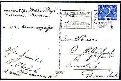 2 c. Ciffer på indenrigs brevkort annulleret med TMS M.S. Willem Ruys Rotterdam - Batavia 2.12.47 Eerste Reis/Amsterdam d. 9.12.1947.