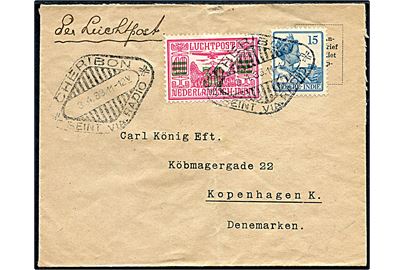 15 c. Wilhelmina og 30/40 c. Luftpost provisorium på luftpostbrev annulleret med slogan-stempel Cheribon / Seint via Radio d. 3.4.1933 via Batavia og København - Warnemünde T.74 til København, Danmark. 