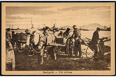 Reykjavik ved havnen med skibe i baggrunden. S. Eymundsson no. 55.