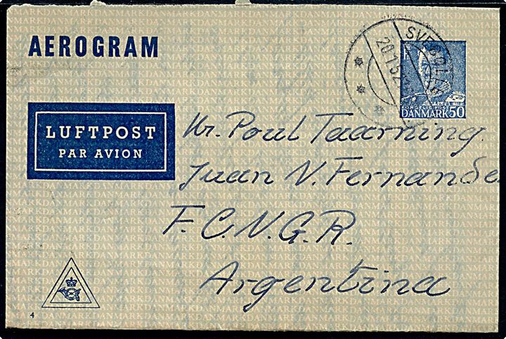50 øre Fr. IX helsags aerogram (fabr. 4) fra Svebølle d. 20.1.1958 til Juan Fernande, Argentina.