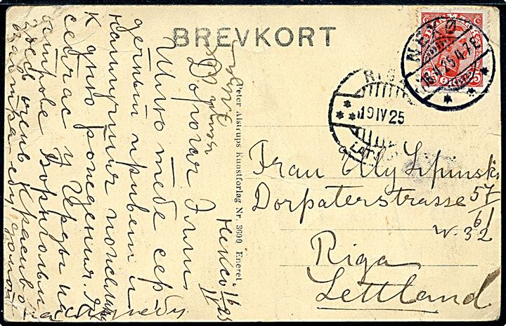 25 øre Chr. X single på brevkort fra Neksø d. 16.4.1925 til Riga, Letland. Ank.stemplet i Riga d. 19.4.1925.