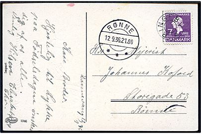 7 øre H. C. Andersen på lokalt brevkort annulleret med udslebet stjernestempel RINGEBY og sidestemplet Rønne d. 12.9.1936 til Rønne.