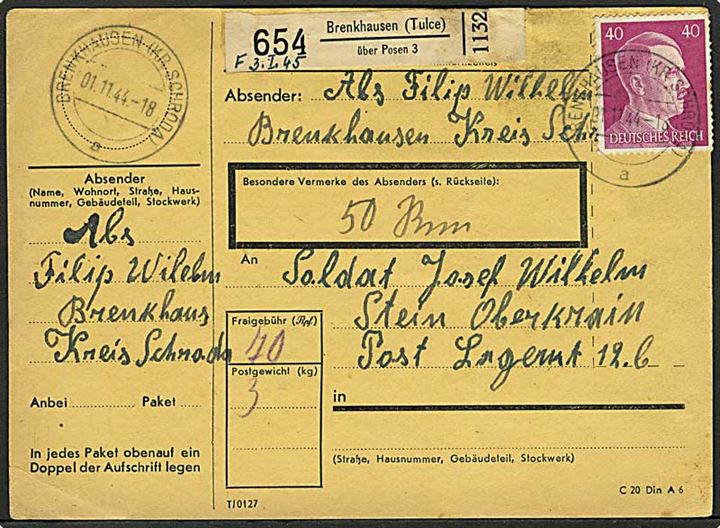 30 pfg. og 40 pfg. Hitler på for- og bagside af adressekort fra Brenkhausen d. 1.11.1944 til soldat i Stein, Oberkrain.