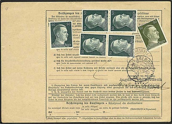 30 pfg. og 50 pfg. (9) Hitler på for- og bagside af internationalt adressekort for pakke fra Wuppertal d. 28.2.1942 til Aalborg, Danmark. 1 mærke beskadiget.