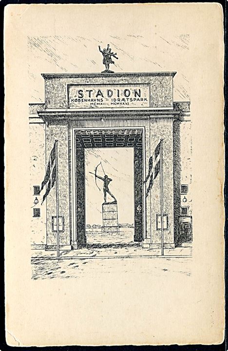 Købh., Tegnet kort af Københavns Idrætsparks indgangsport m/Bueskytten. Kunstico serie no. 94.