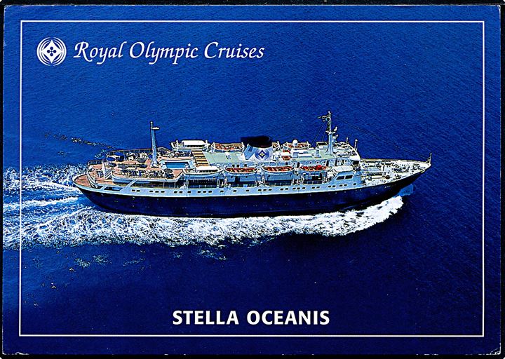 Stella Oceanis, M/S, Royal Olympic Cruises. Græsk frankeret og sendt som skibspost fra København med stempel Høje Taastrup Postcenter d. 11.66.1998 og sidestemplet PAQUEBOT til Aschaffenburg, Tyskland.