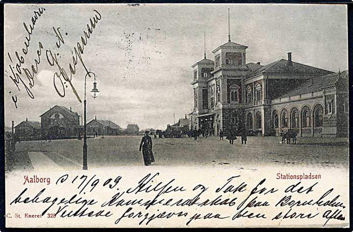 Aalborg jernbanestation og stationspladsen. Stenders no. 328. 