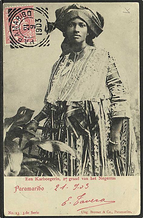 Suriname. 2½ c. på billedside af brevkort sendt som tryksag fra Paramaribo d. 21.9.1903 til Knocke, Belgien - eftersendt. Rammestempel: Surimane via Plymouth.