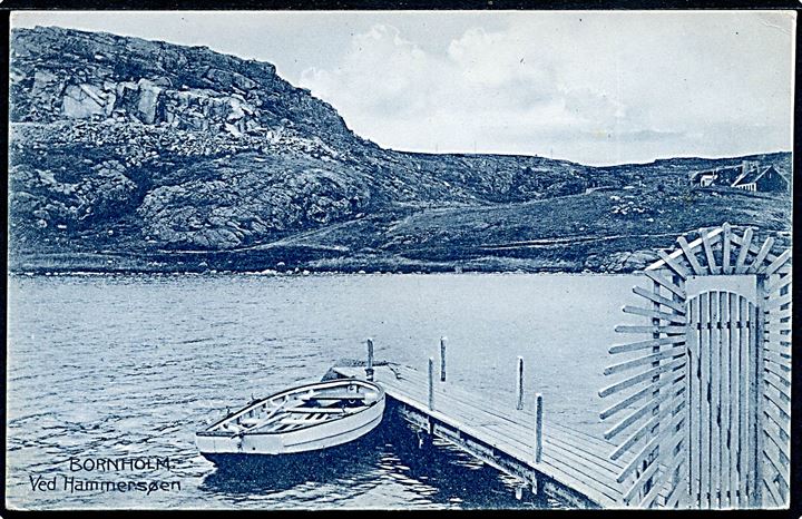 Bornholm, Hammersø med bådebro og robåd. F. Sørensen no. 17503.